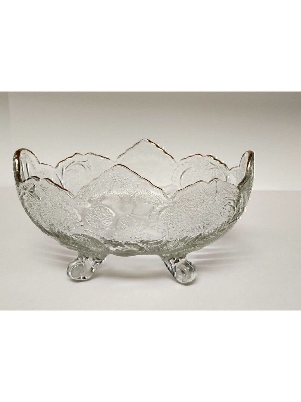 Vintage Jeannette Glass Lombardi Gold Trim 10 Inch 4 Toed Footed Bowl